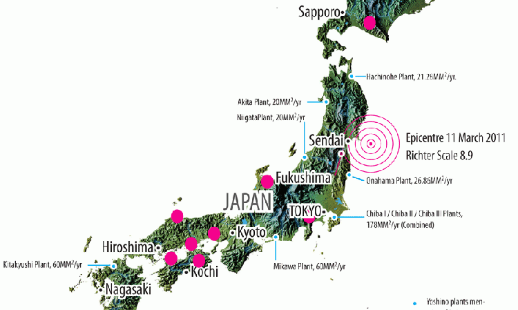 Map of Japan with major cities, Yoshino plants and 11 March 2011 earthquake epicentre (click for large version).